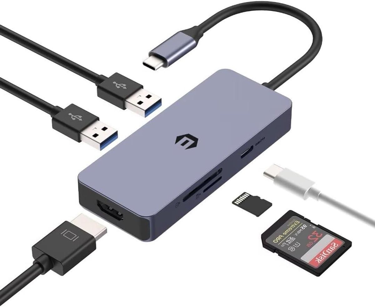 USB C Hub - Adapter Dongle - Extra Poorten - 6-in-1 Functionaliteit - 100W PD - Grijs