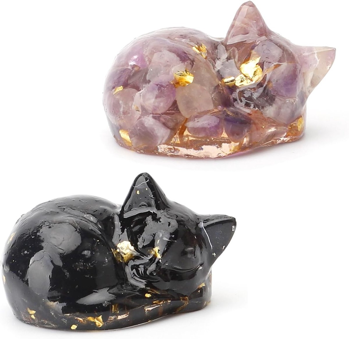Amethist Kat Figuren Set van 2, Decoratieve Beelden voor Op Bureau, Obsidiaan Kristallen en Geneesstenen voor Kattenliefhebbers