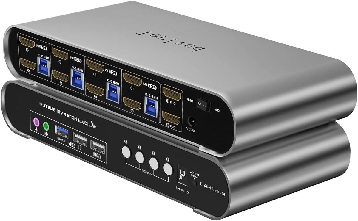 KVM Switch - Dubbele Monitor - Computer Beheer - Aluminium Behuizing - 4 Poorten - Zilver