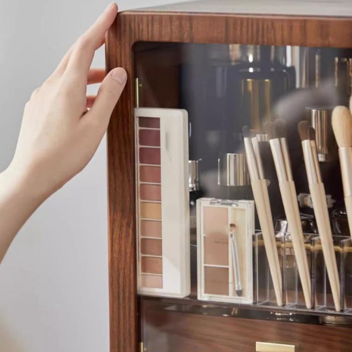 Houten Make-up Opbergdoos - Cosmetica Vitrine - Sieraden Opbergen - Stofdicht Ontwerp - Met Lades - Bruin