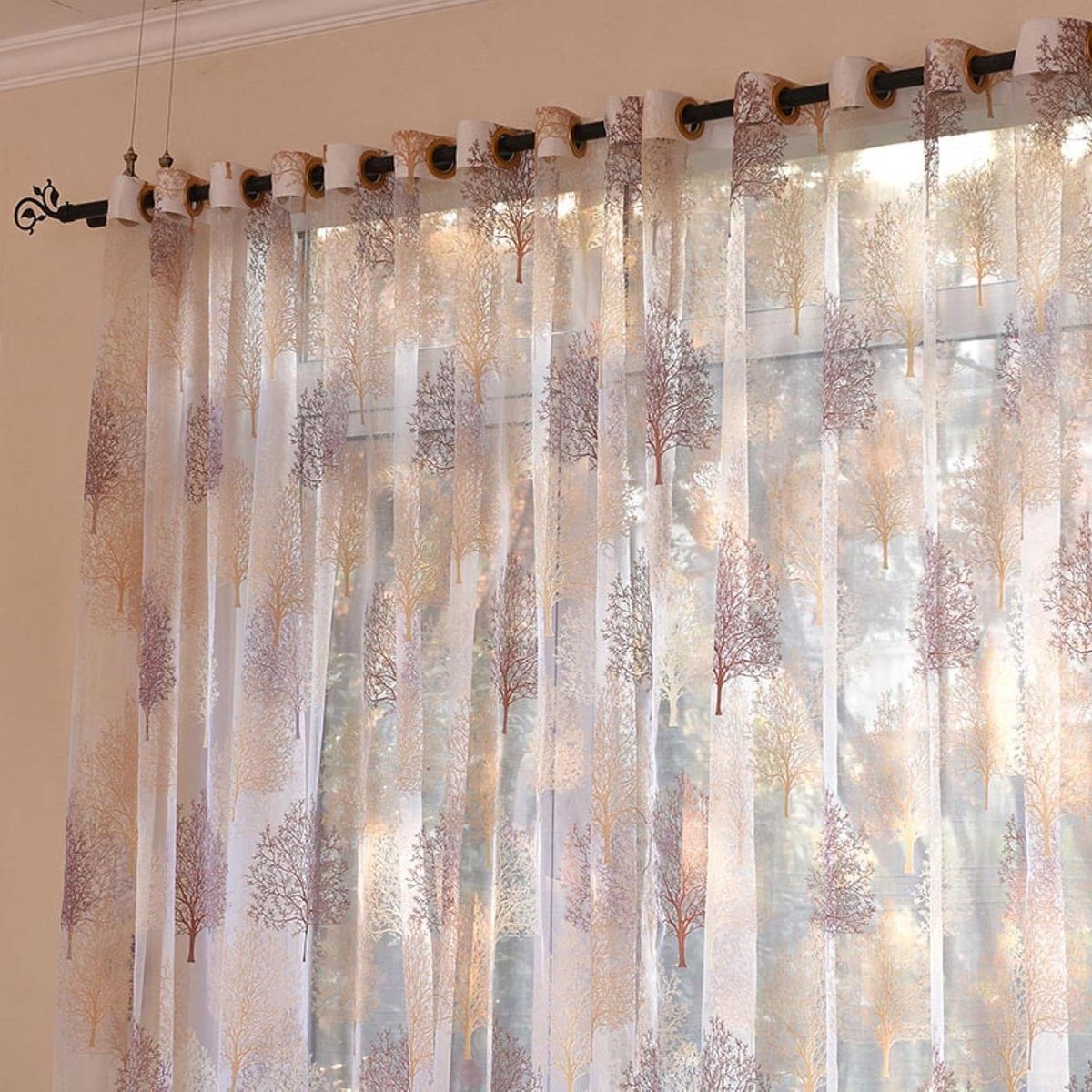 Tule Gordijnen - Voile Gordijn Bladeren - Woonkamer Decoratie - Lichtfilterend - W500xL250cm - Bruin