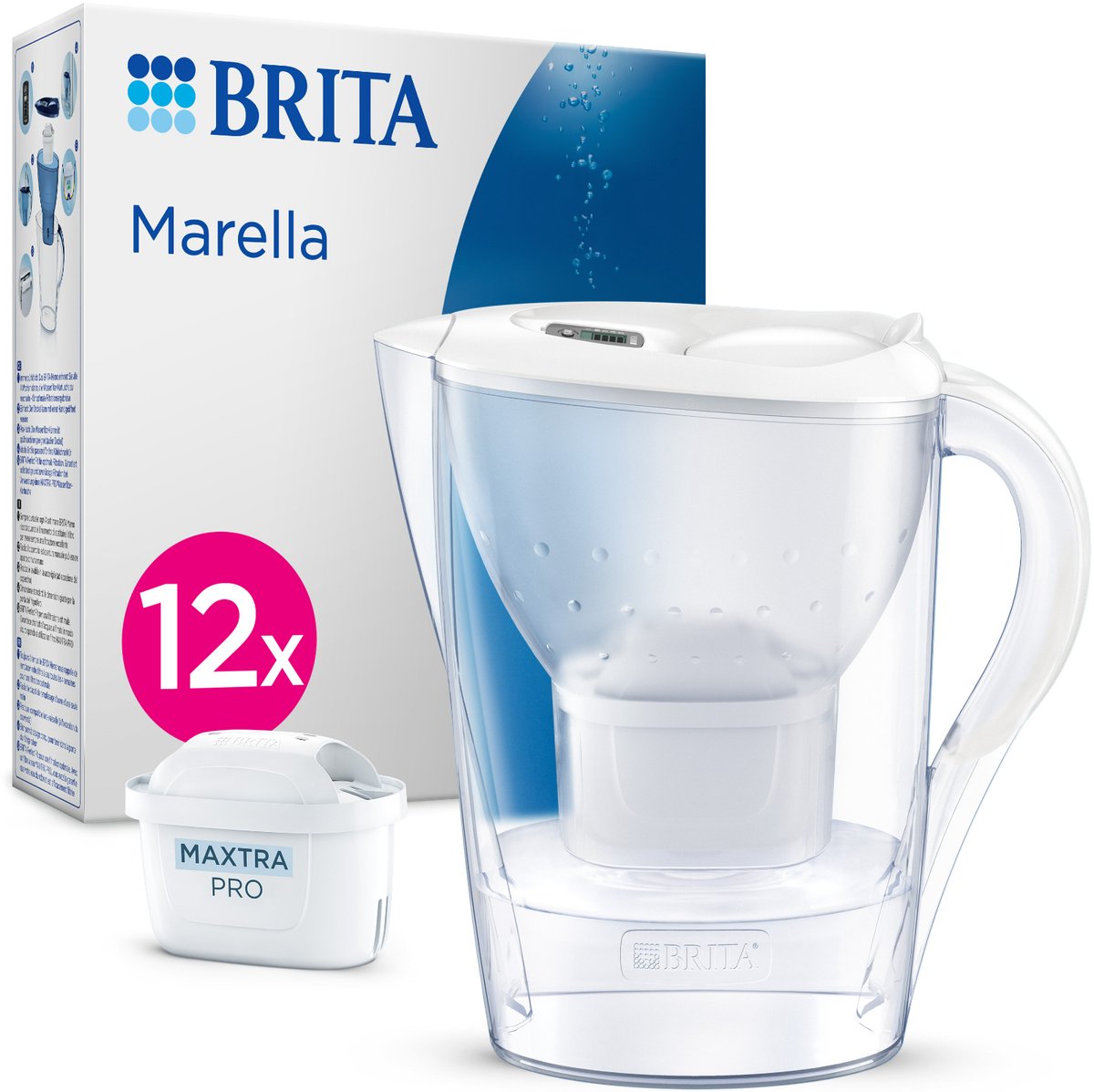 BRITA waterfilterkan Marella Cool white (2,4L) incl. 12x MAXTRA PRO All-in-1 filter die PFAS*, chloor en kalkaanslag vermindert - past in de koelkastdeur - met digitale vervangingsindicator