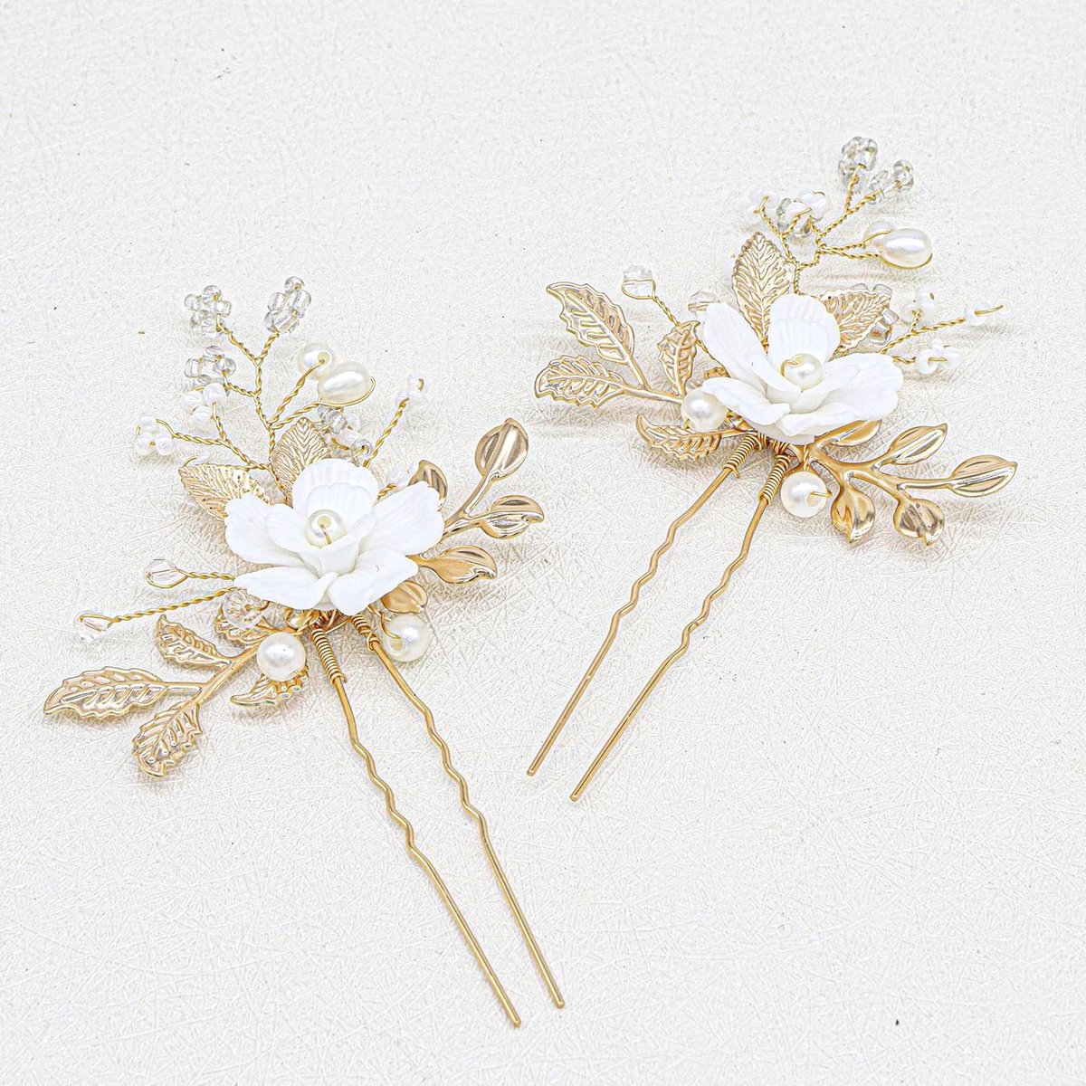 Haarspelden Bruid - Bloem Sieraden - Feestelijk Kapsel - Handgemaakt Design - 2 Stuks - Goud