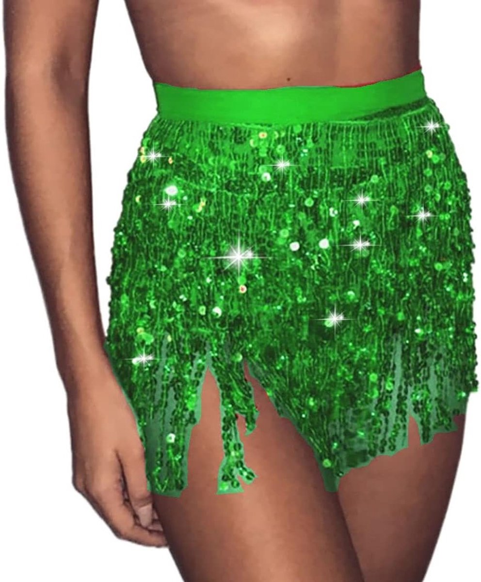 Vrouwen Sequined Buikdansrok met Franje Ceintuur voor Rave en Muziekfestivals in Groen