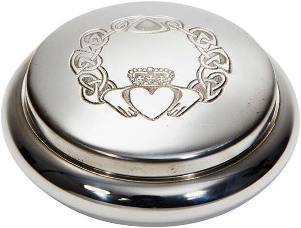 Ronde Doos - Sleutelkistje Decoratief - Kleine Spullen Opbergen - Met Claddagh Design - Diameter 85mm - Zilverkleurig