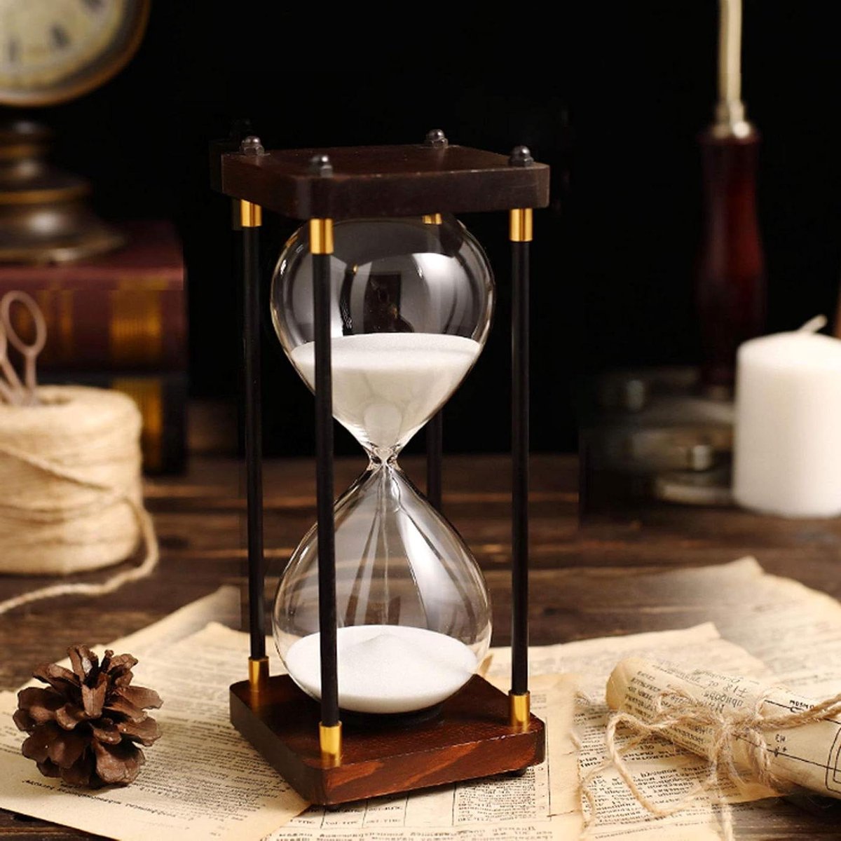 Grote Zandloper - Zandklok Timer - Koken en Spelletjes - Houten Frame - 9.5x24cm - Wit