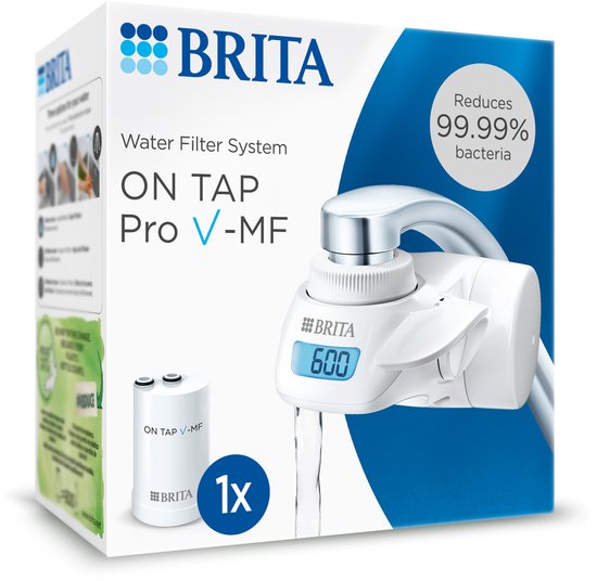 BRITA kraanwaterfiltersysteem ON TAP Pro V-MF incl. 1x filterpatroon (600L) - voor 99,99% bacterievrij & lekker duurzaam water, vermindert PFAS*, incl. digitaal LCD scherm met capaciteitsindicatie