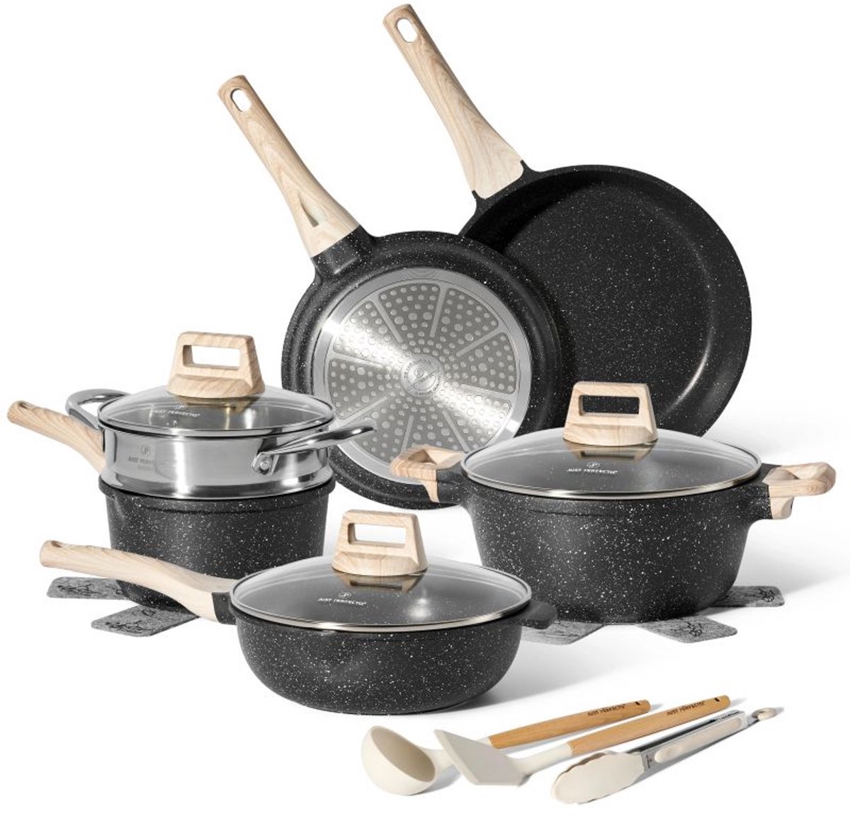 Bol.com 10-delige pannenset met stoompan, antiaanbaklaag in zwart graniet, Just Perfecto JL-30 aanbieding