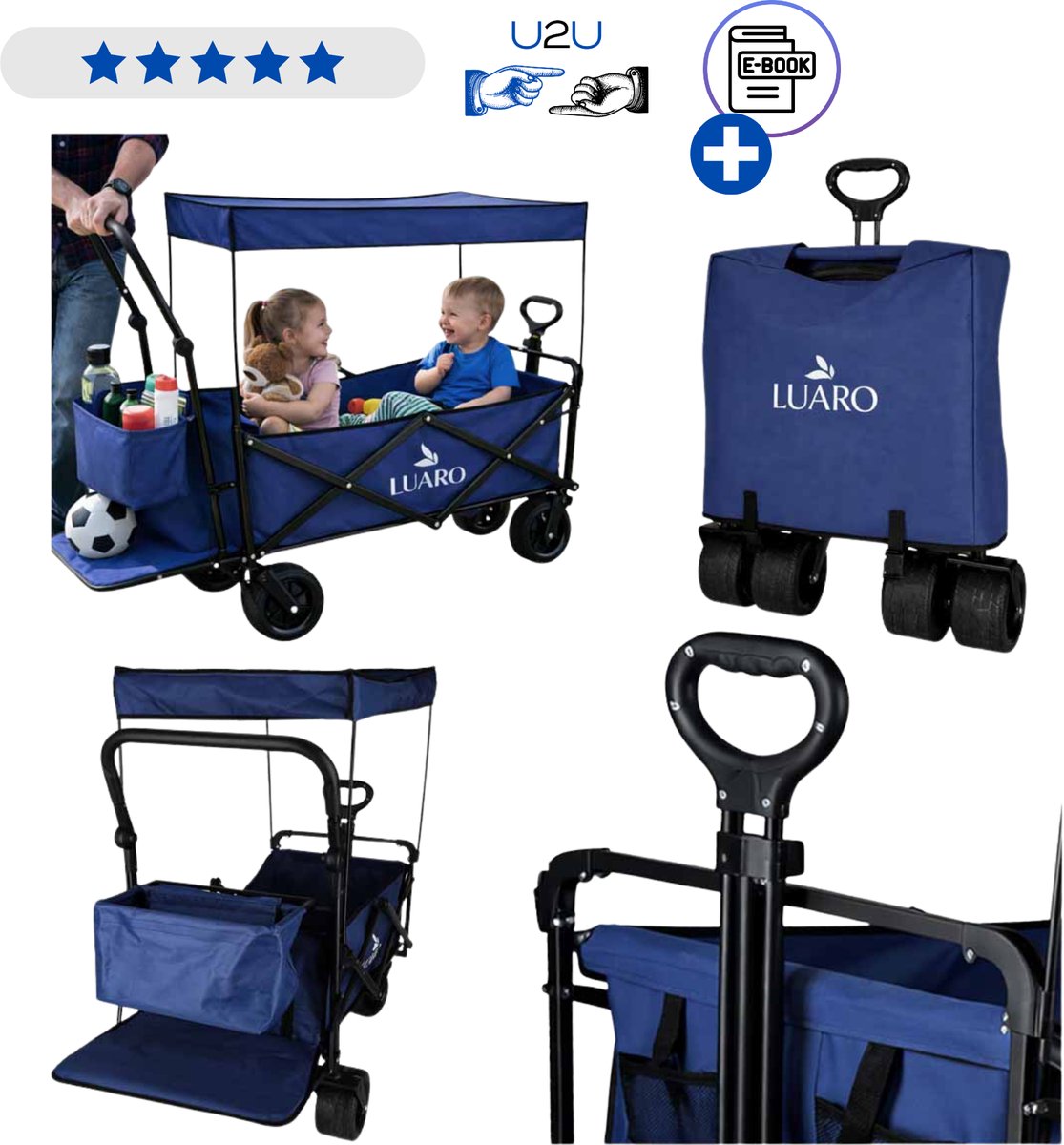 LUARO Opvouwbare Bolderkar met Dak Navy Blauw - Offroad Strandwagen Transportkar met Grote Wielen en Verstelbare Handgreep - Campingkar Tuinkar Reiswagen voor Strand Festivals en Kamperen - Belastbaar tot 120 kg Met Ebook