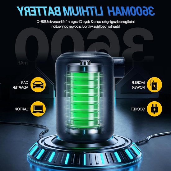 Elektrische luchtpomp, 3600 mAh, USB-oplaadbare accupomp, mini-luchtpomp, elektrische inflator, 280 l/min, met set van 4 sproeiers, digitale accu-indicator, draagbaar voor luchtmatras, zwemring van Merkloos — afbeelding 2