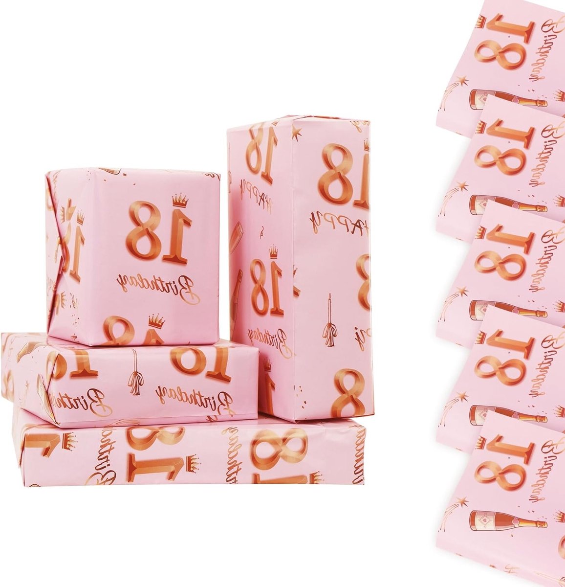 Inpakpapier voor 18e verjaardag, 5 vellen 70 x 50 cm, roségoud en roze, feestelijk cadeaupapier voor meisjes en vrouwen, verjaardagsdecoraties - milieuvriendelijk en recyclebaar