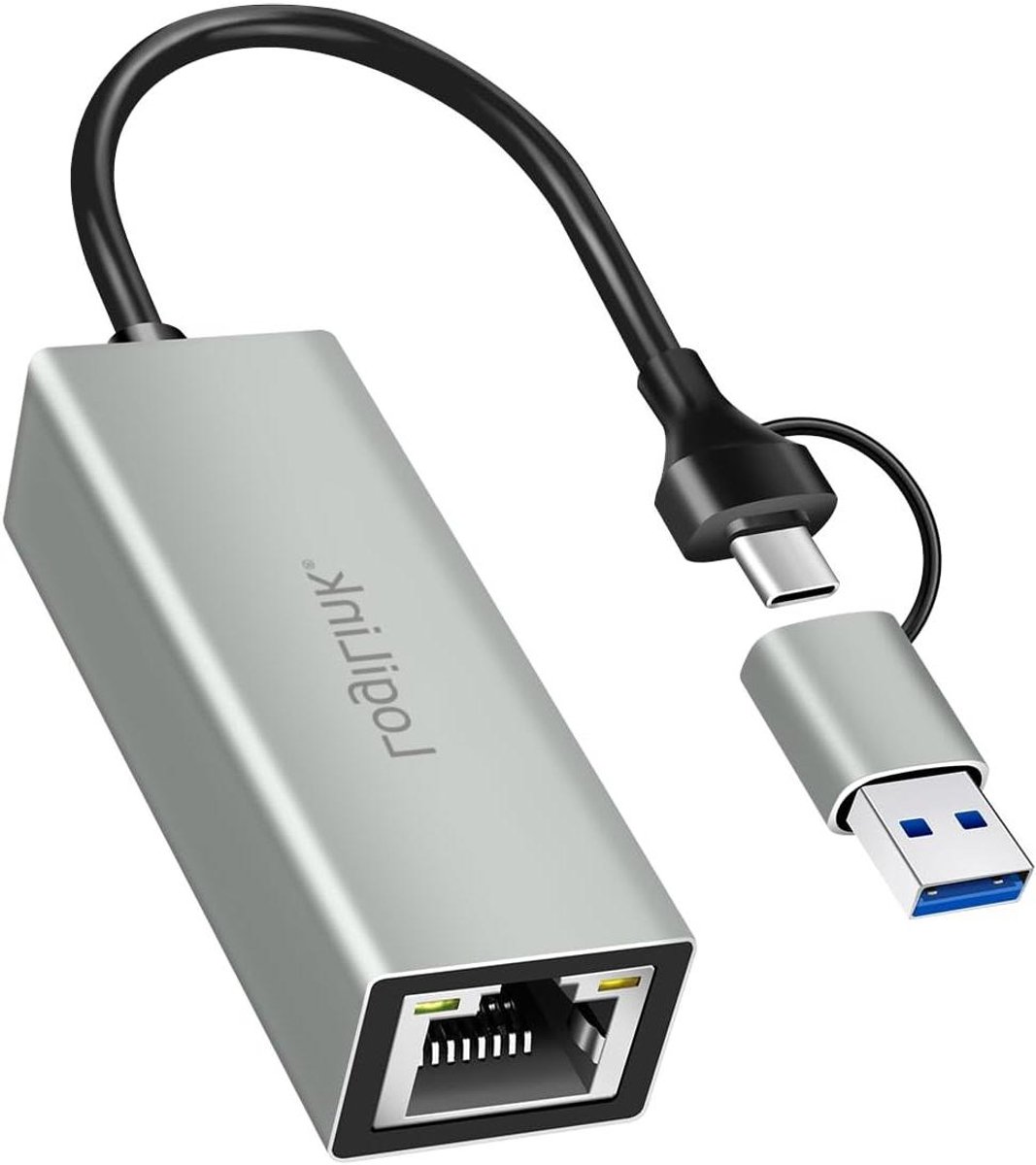 Gigabit Netwerkadapter - USB Ethernet Adapter - Snelle Internetverbinding - 2-in-1 USB-A/C - Compact Ontwerp - Grijs
