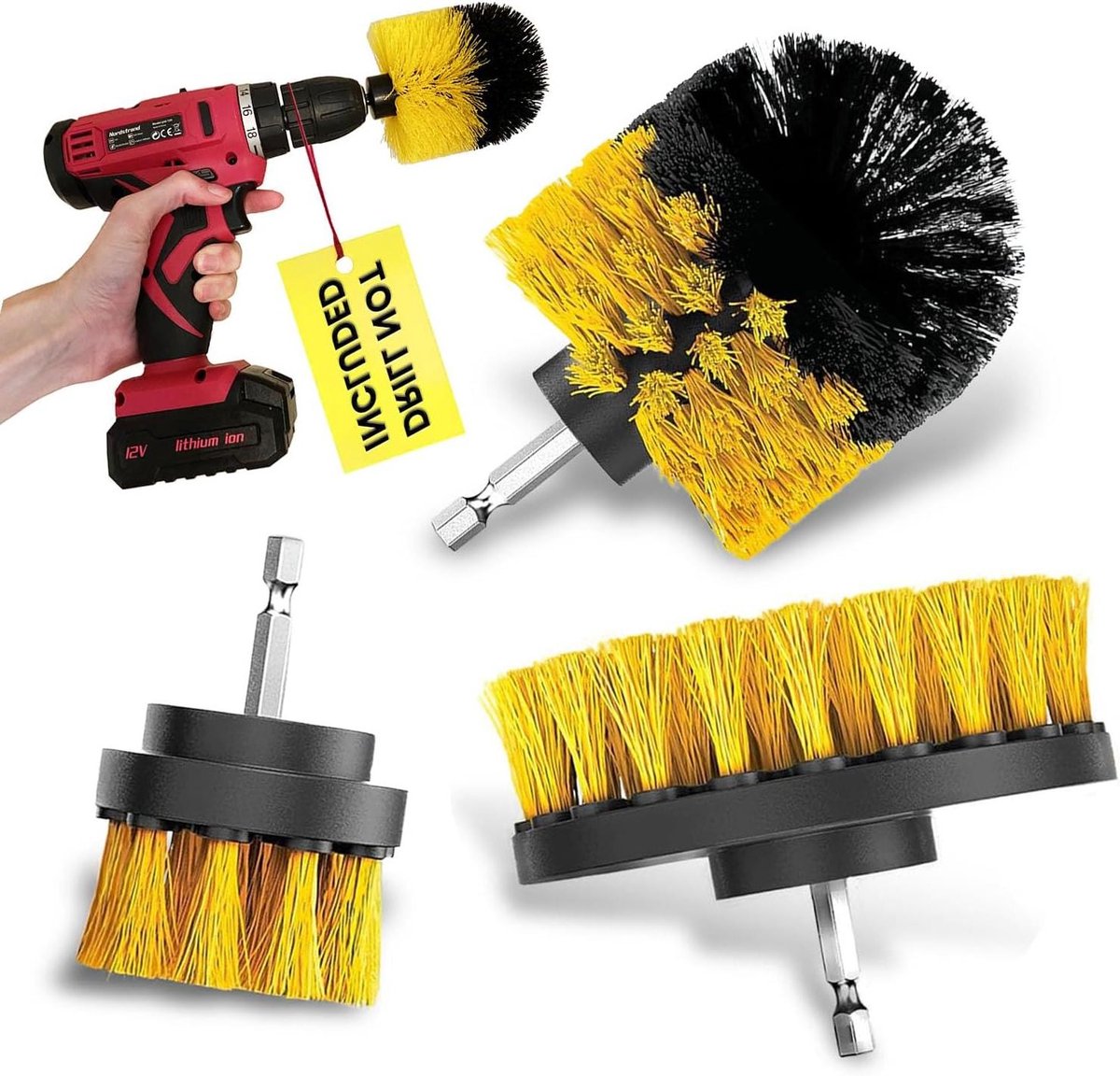 Boorborstel Set - Schrobborstel Kit - Auto Reinigen - Veilig Krasvrij - 3 Delig - Geel