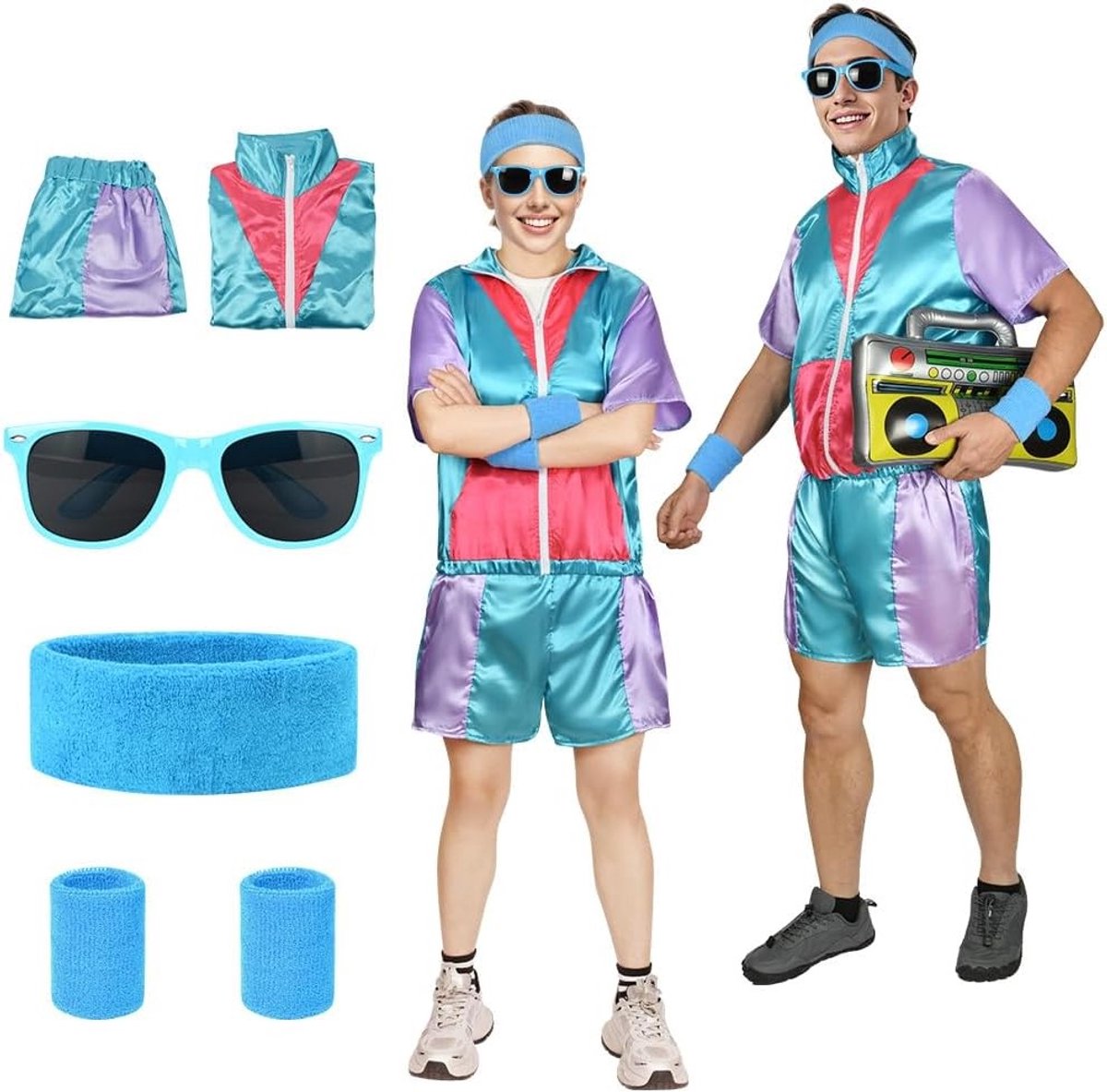 Retro 90s Hip Hop Outfit voor Feestjes, 80s Disco Kostuum met Shell Suit, Tracksuit en Accessoires zoals Hoofdband en Polsbanden