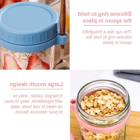Overnight Oats Jars 350ml, 2 Stuks met Lepels en Luchtdichte RVS Deksels - Voedselveilige Glazen Ontbijtpotten voor Yoghurt en Pudding — afbeelding 4
