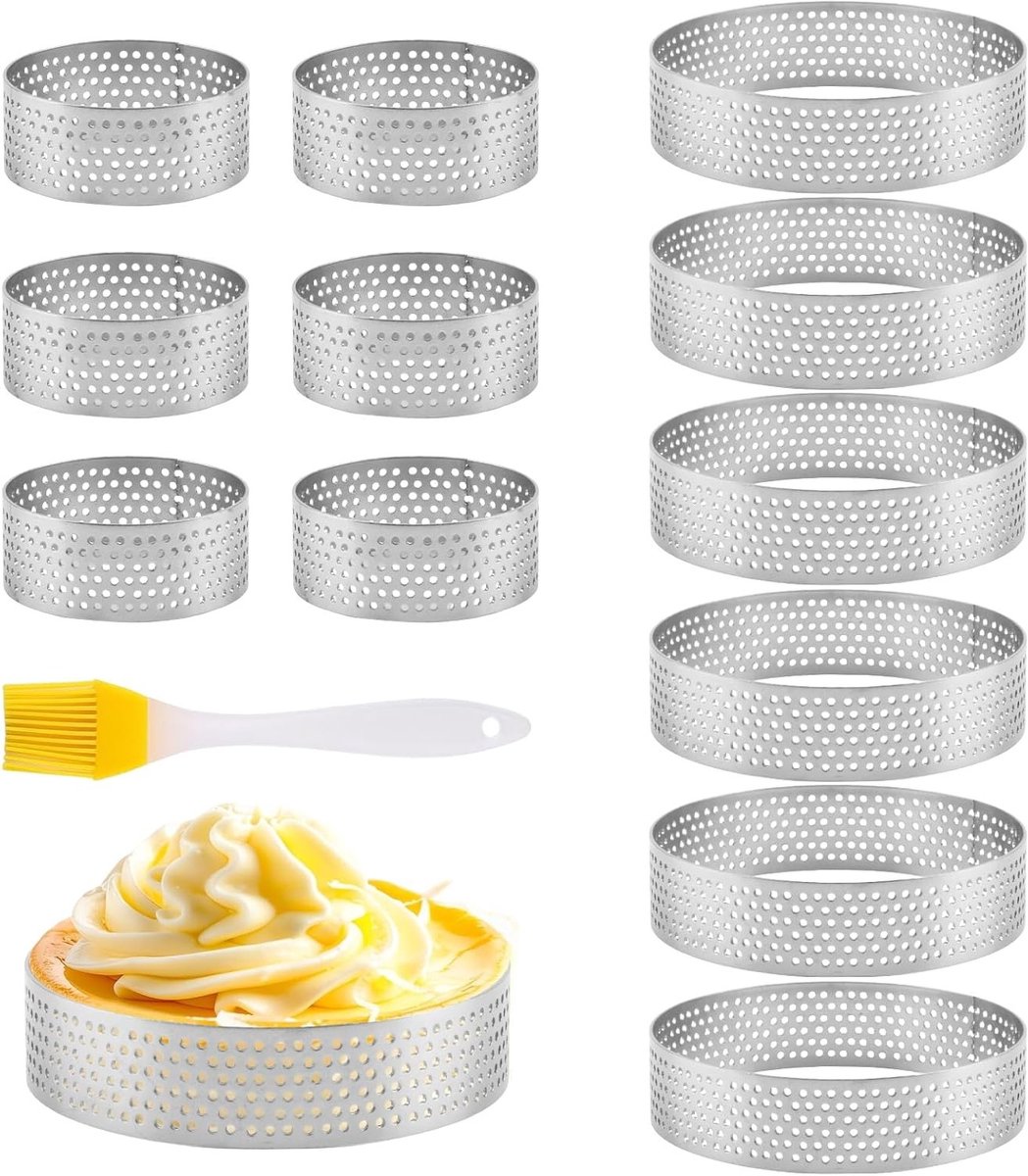 12-delige crumpet ringen set, anti-aanbak coating, 5 cm en 8 cm, ronde perforatie ringen voor taarten, mousse en mini pizza's, roestvrij staal, bakaccessoires