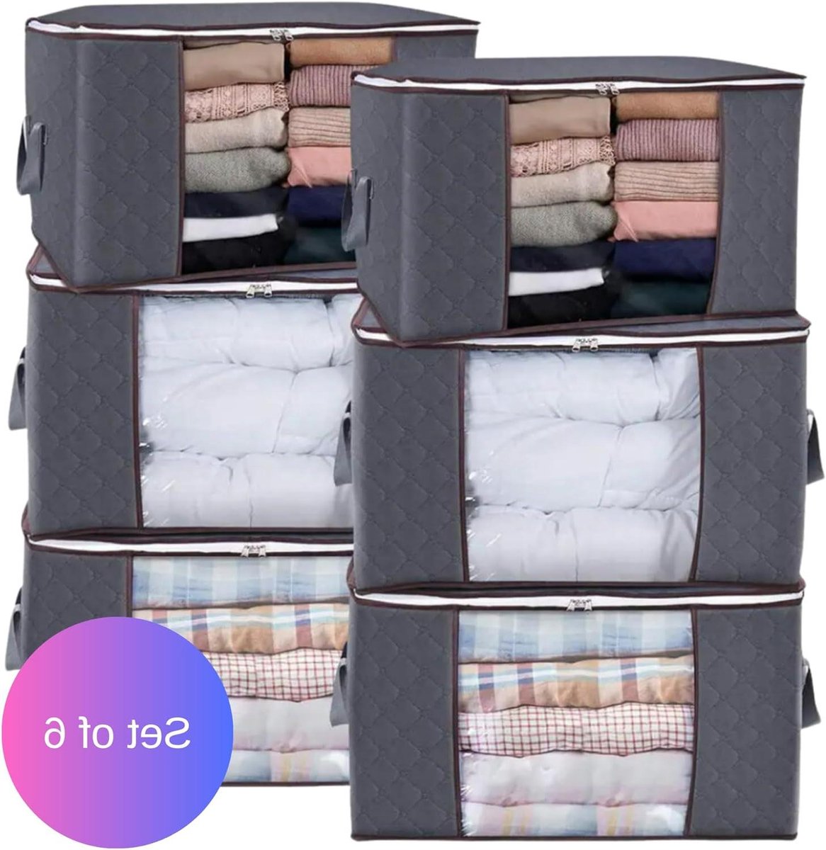 Dekbed Organizer - Opbergzak Set - Kast Ordenen - Met Handvatten - 6 Stuks - Grijs