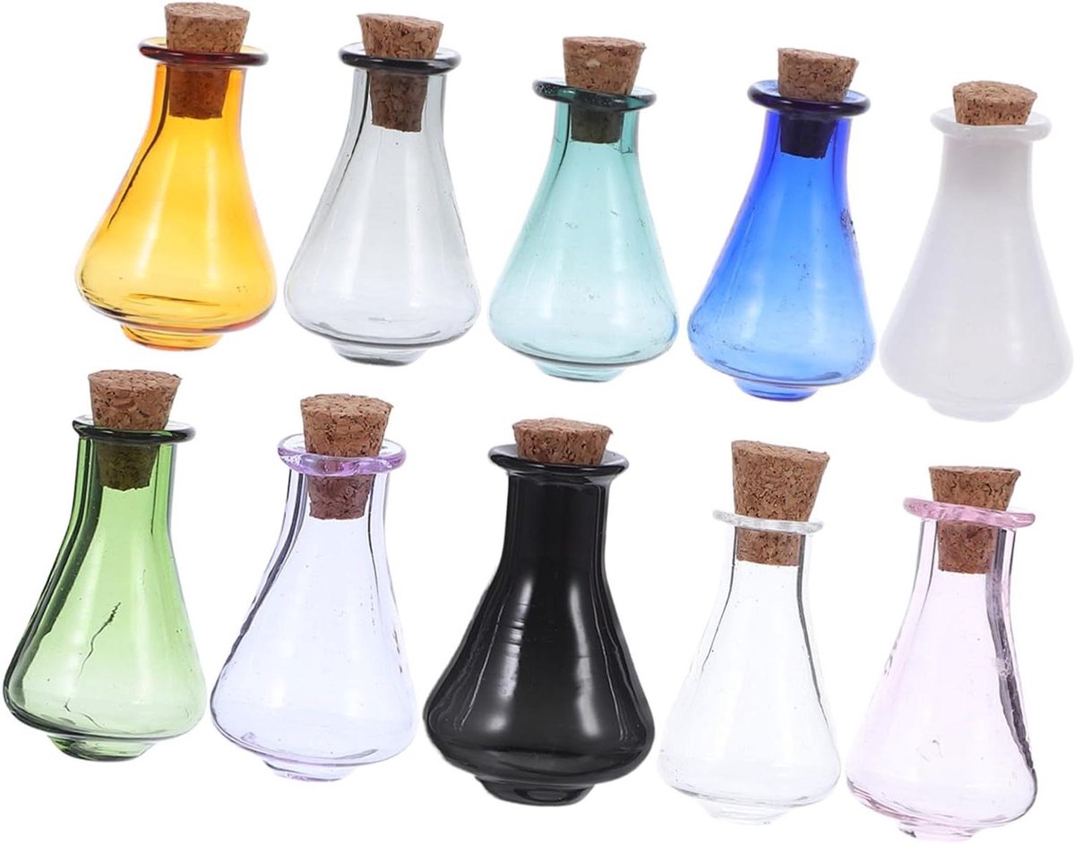 Mini Glazen Flesjes - Wenspotjes - Knutselen en Decoratie - Met Kurk - 10 Stuks - Diverse 