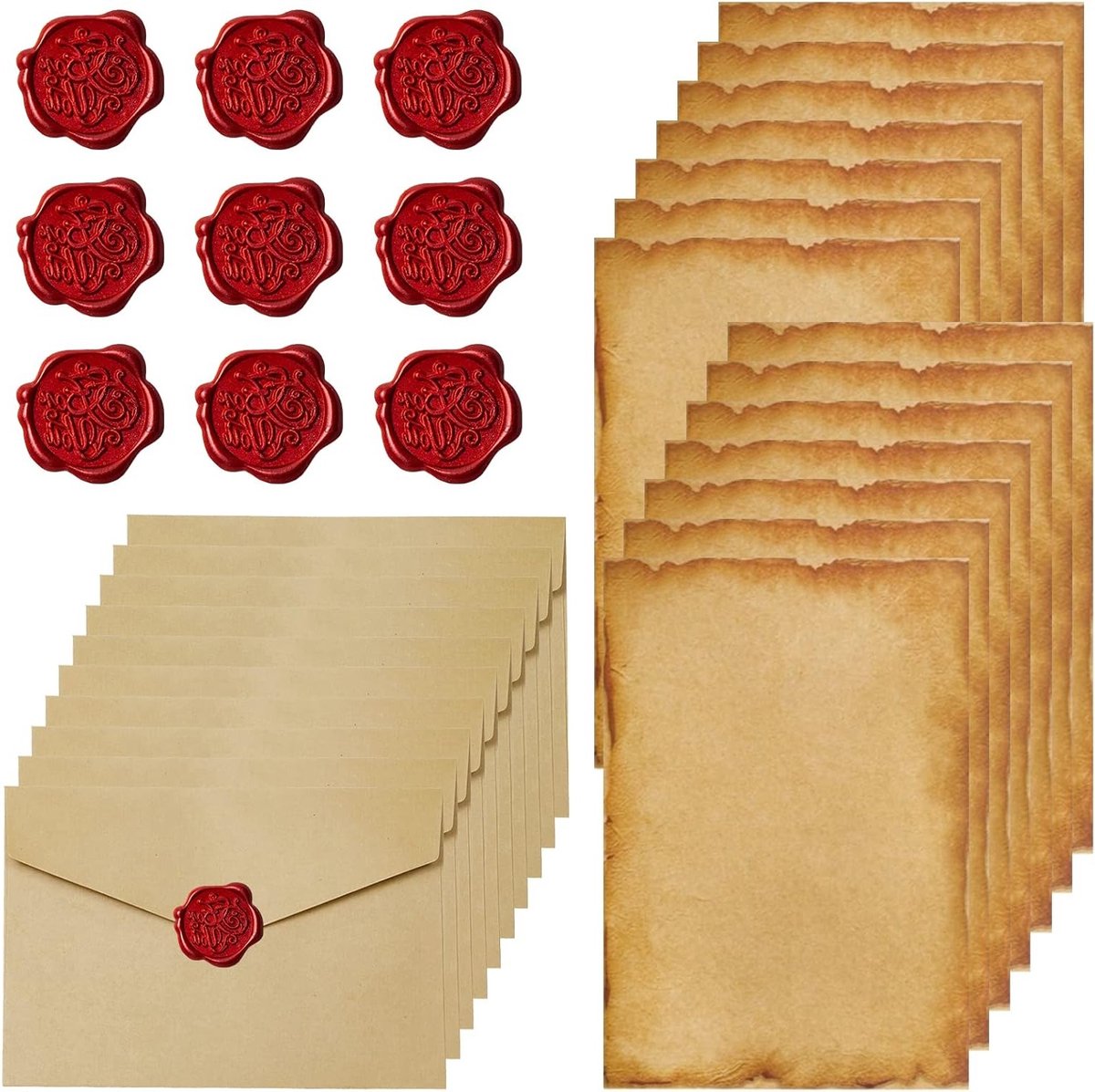 Set van Vintage Briefpapier Enveloppen met 10 A5 Papieren en 10 Waszegels voor Trouwen, Uitnodigingen en Wenskaarten
