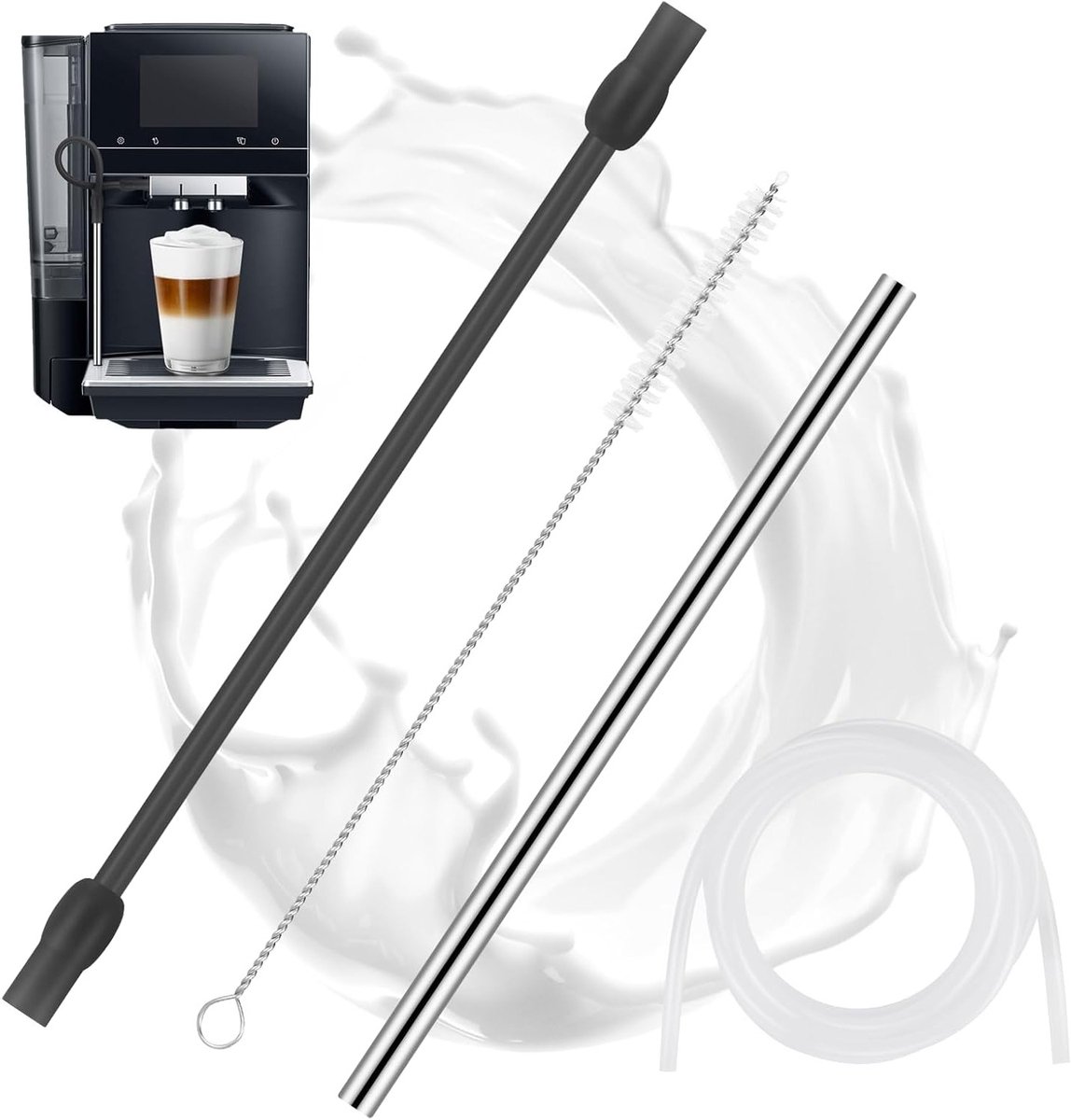 Duurzame RVS Melkslang Set met Reinigingsborstel voor Siemens EQ6 en Bosch Veroaroma Koffiemachines