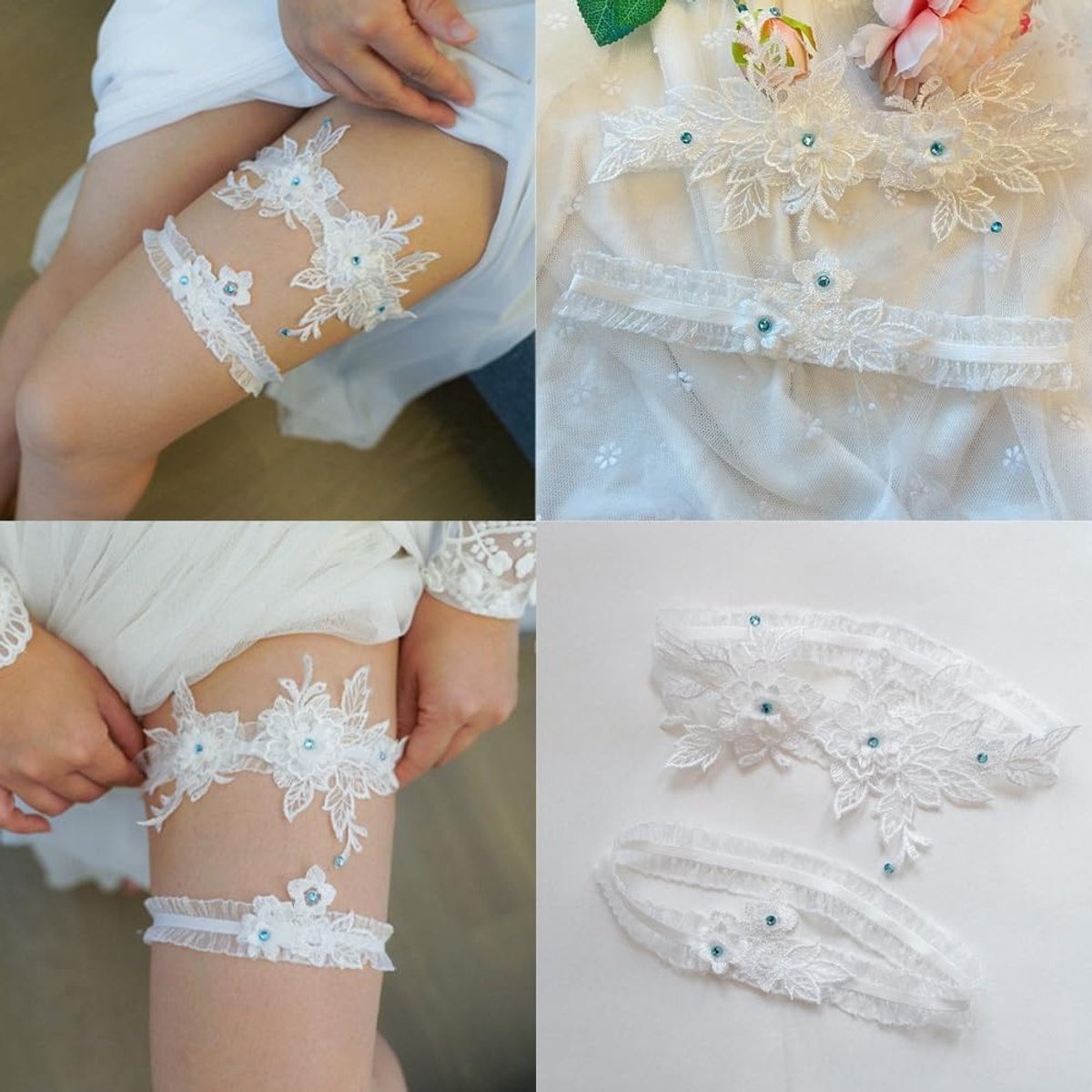 Elegante Bruids Garter Set met Borduursel en Kant - Sexy Rekbare Dijenband voor Vrouwen en Meisjes - Bruiloft Accessoires in Beige, One Size