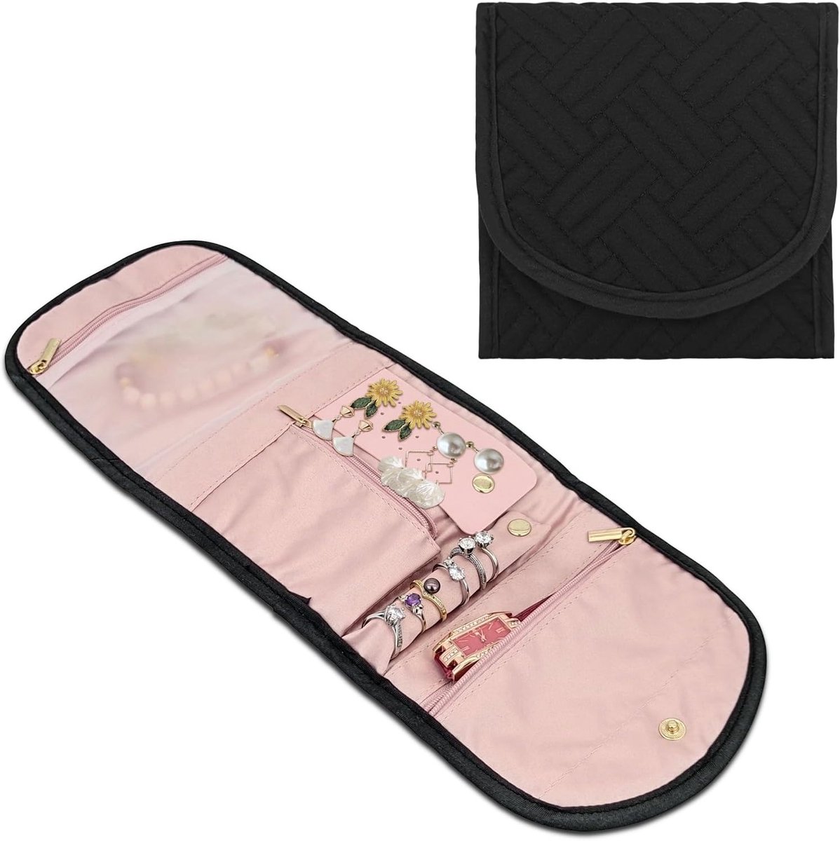 Reisorganizer voor Sieraden - Opvouwbare Tas voor Ringen, Oorbellen, Horloges en Kettingen (Zwart)