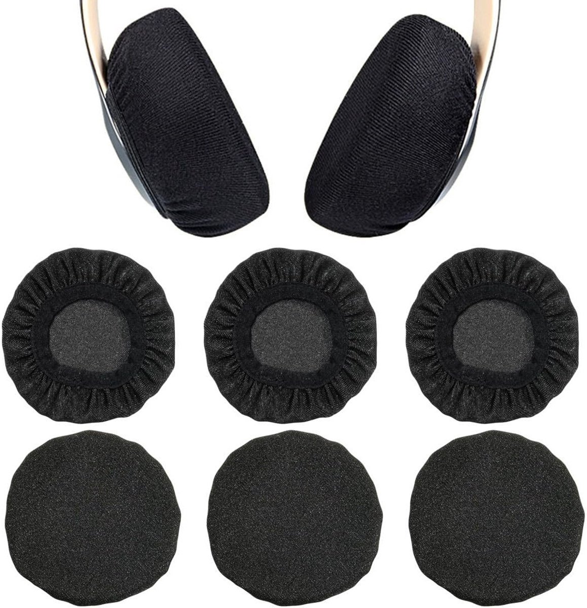Set van 6 Oorkussens, Elastische Wasbare Hoofdtelefoonhoezen, Zachte Stof, Zweetbescherming voor Sport en Fitness, Zwart en Comfortabel