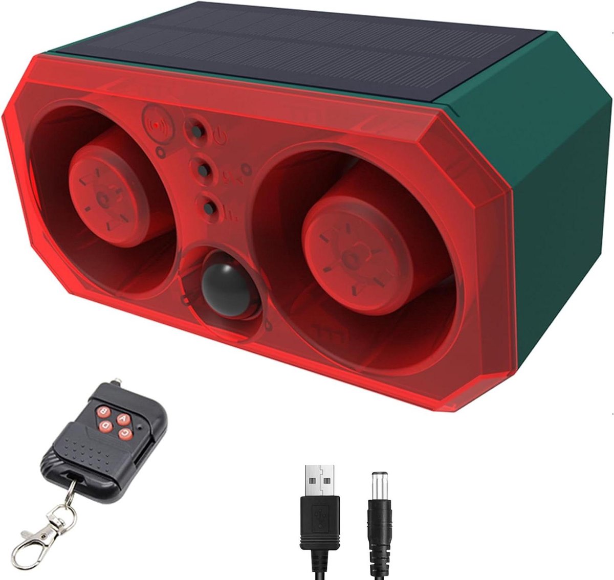 Zonne Bewegingsmelder - Buitenalarm Geluid - Beveiliging Eigendom - 129 dB Twee Hoorns - 8 Meter Bereik - Rood