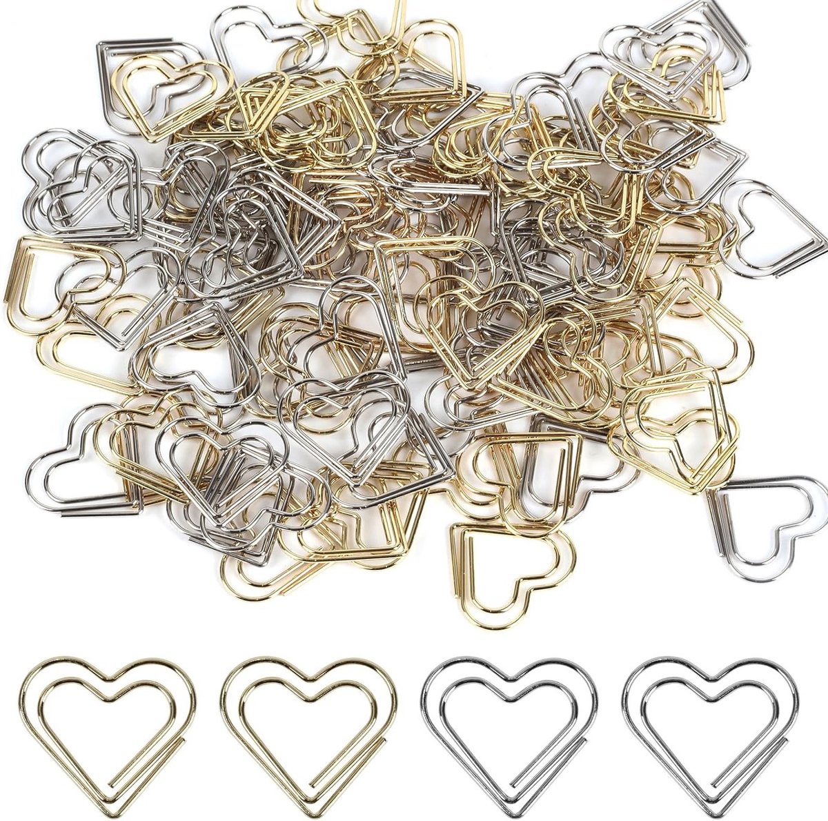 Hartvormige Gouden en Zilveren Paperclips - 100 Stuks, Ideaal voor Documenten, Kantoor en Schoolgebruik