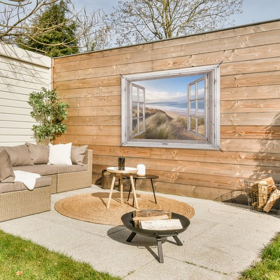 Tuinposter doorkijk raam - Tuindecoratie strand en zee - 120x80 cm - Tuinschilderij voor buiten natuur - Tuindoek duinen - Wanddecoratie tuin - Schuttingdoek - Balkon decoratie - Muurdecoratie - Buitenposter