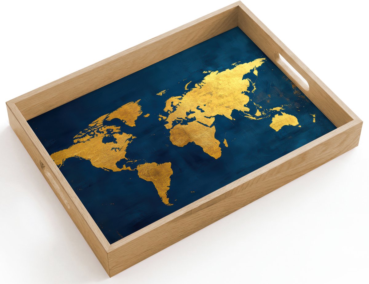 Dienblad hout 40x30 cm - Schootdienblad - Wereldkaart - Goud - Donkerblauw - Borrelplank rechthoek - Plateau dienbladen