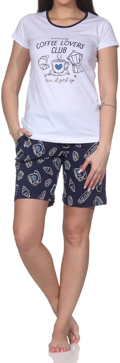 Normann dames shorty shortama korte mouw Coffee Lovers Club ook in grote maten marine