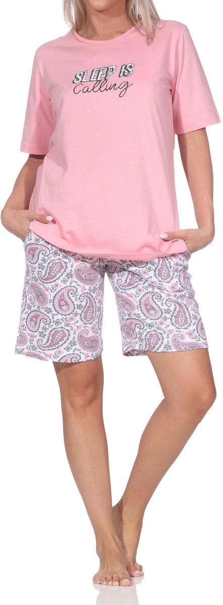 Normann dames shorty pyjama korte mouw met frontprint & paisley ook in grote maten pink