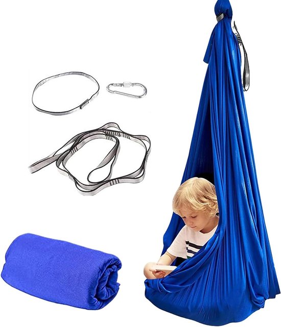 Blauwe zintuiglijke schommel van elastisch nylon, 100x280 cm, met accessoires.