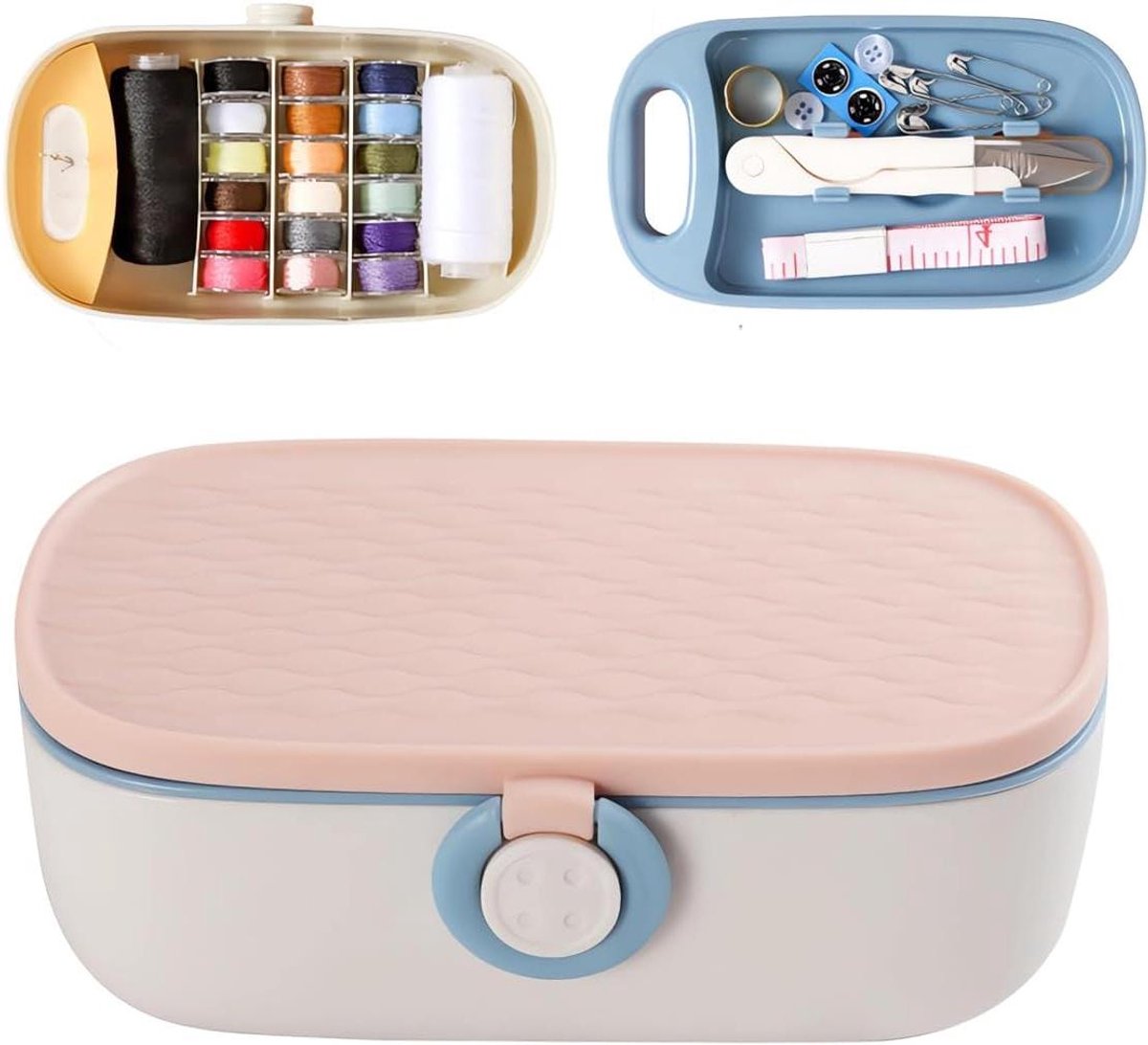 Draagbare Naaiset - Reis Naaikit Noodset - Kleding Reparen - Dubbellaags Opbergdoos - 15.5 x 6 cm - Roze