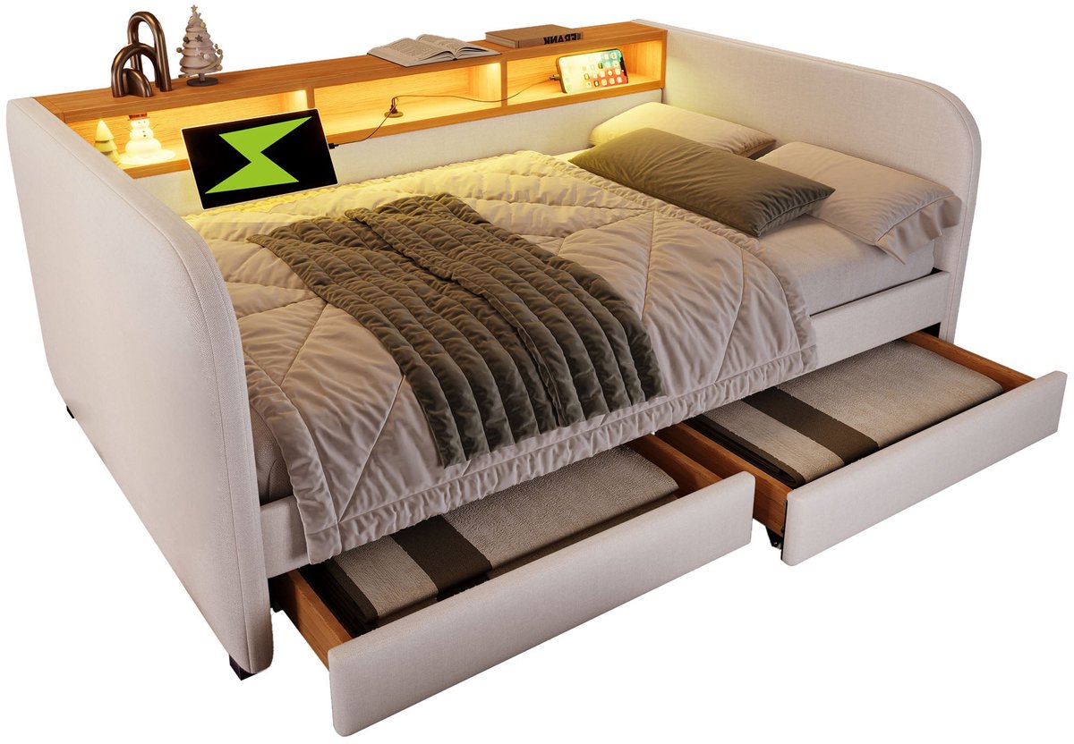 Merax Slaapbank 140x190 - Gestoffeerd Bed met Opbergruimte - LED Verlichting met Afstandsbediening - USB en USB-C - 2 Lades - Opberg Hoofdbord - Lichtbeige