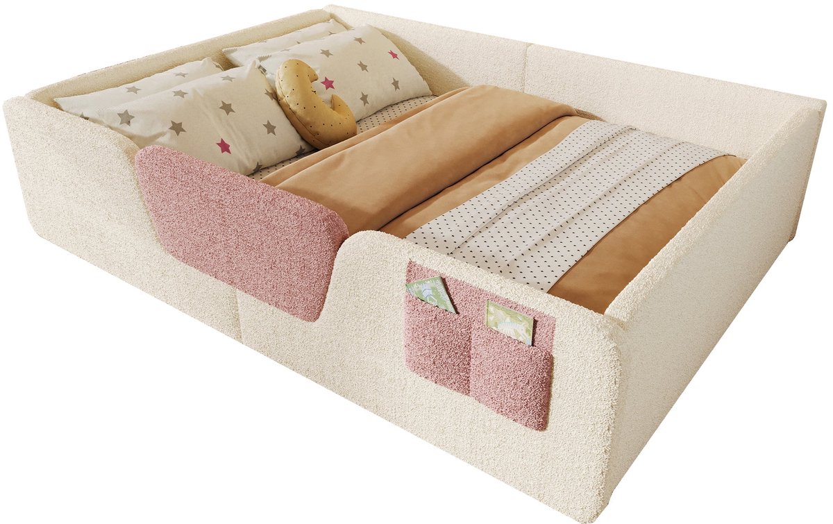 Merax Gestoffeerd Bed 140x190 - Bed met Veiligheidshek - Afneembare Bedhekken - Fluweel - Bed met Opbergruimte Tas - Houten Lattenbodem - Beige