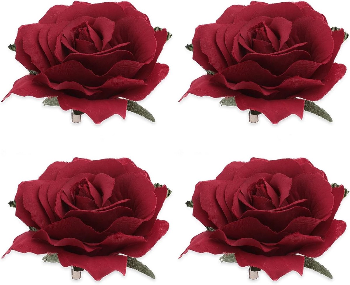 4-delige Bloemen Haarspeld Set, Rozen Broche, Grote Knopenaccessoires voor Ballet, Feest en Bruiloft, Rood Haaraccessoire