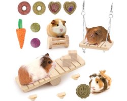 15-delige Speel- en Knabbelset voor Hamsters, Cavia's en Konijnen - Natuurlijke Hout en Hooi Speelgoed voor Tandverzorging en Vermijden van Verveling