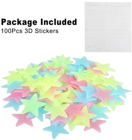 100 lichtgevende 3D-stickers in de vorm van sterren in pastelkleuren, met een vel witte vierkante plakkertjes.