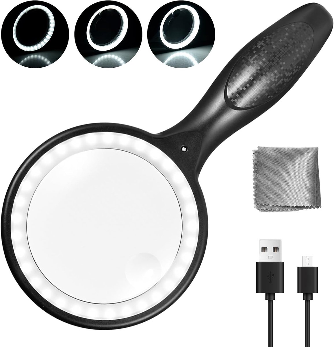 Vergrootglas met licht, 60x 30x handloep, 3 standen, 33 LED leesloep met licht voor slechtziende senioren, inspectie, verkenning, zwart