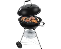 Kogelbarbecue, houtskoolgrill met porselein geëmailleerd deksel en ketel, ronde kolengrill met driepoot-landen en wielen, zwart, 51 x 46,5 x 78 cm