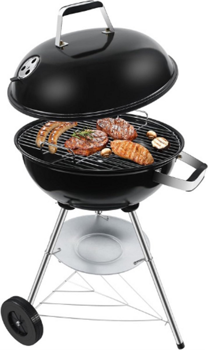Kogelbarbecue, houtskoolgrill met porselein geëmailleerd deksel en ketel, ronde kolengrill met driepoot-landen en wielen, zwart, 51 x 46,5 x 78 cm