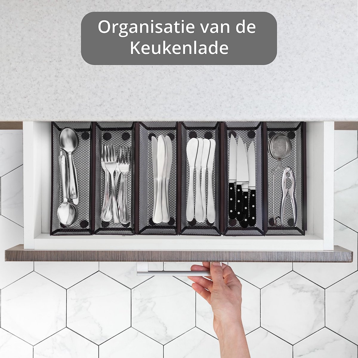 Cosensi- Opslagmandjes 6 Pak - Slanke Keuken Organizer - Draad Organizer - Uitbreidbare Lades - Antislip Voetjes - Handige Oplossing voor Bestek - Opbergmand