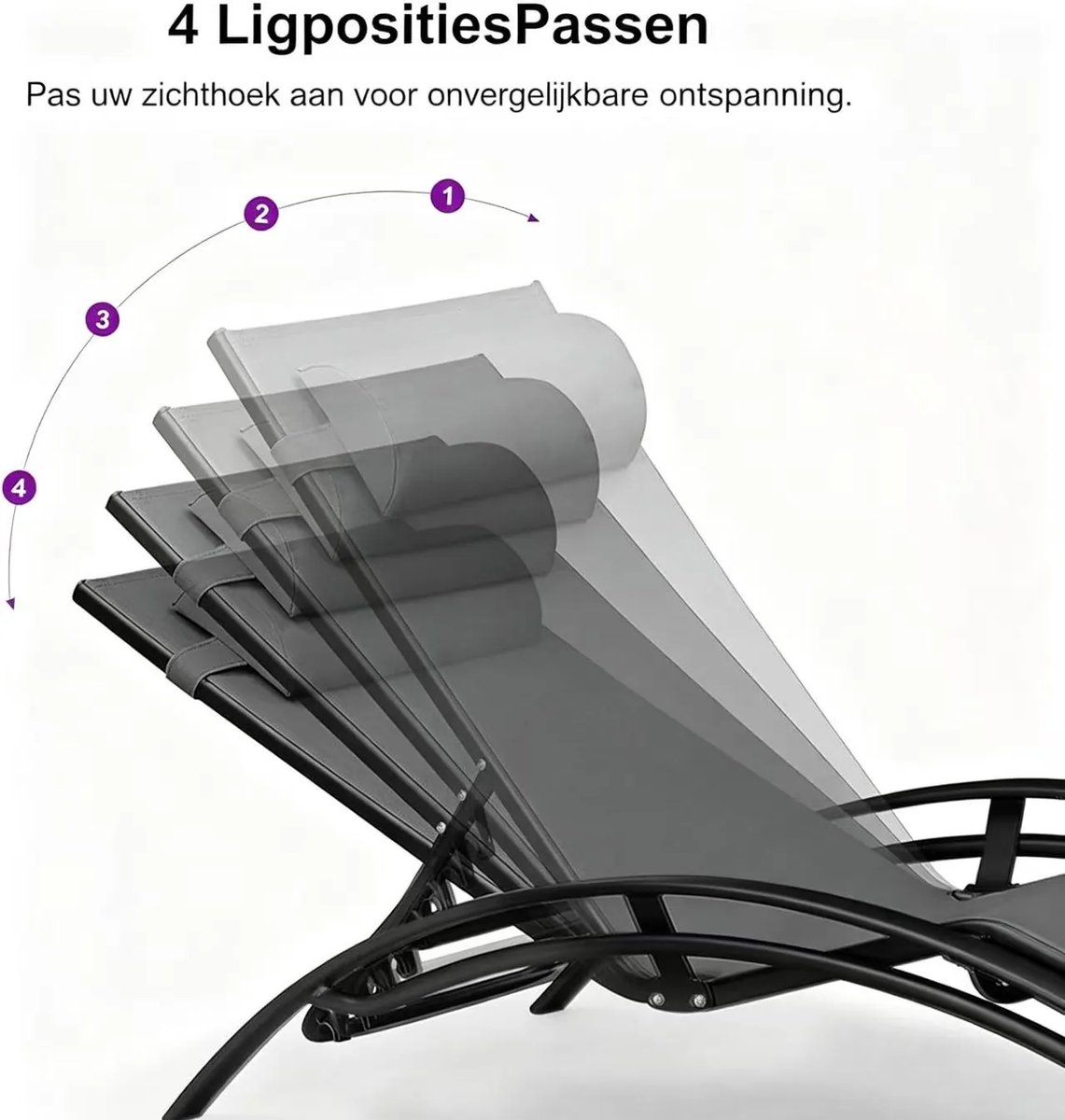 Purple Leaf Aluminium ligbedden met kussen - Set van 2 met bijzettafel - Zwart