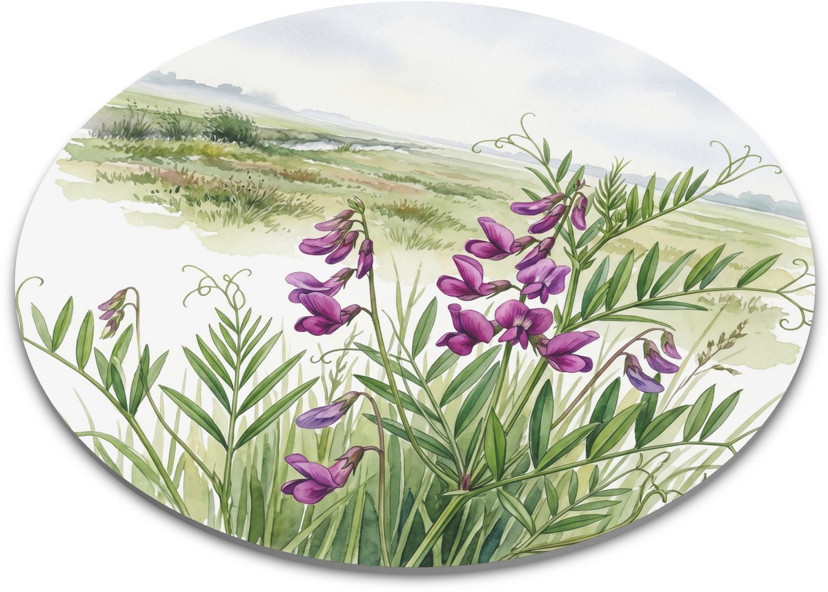 Ronde muismat met smalle wikke - Botanisch weidelandschap met paarse wilde bloemen - Kleurrijke en vrolijke onderlegger voor je bureau