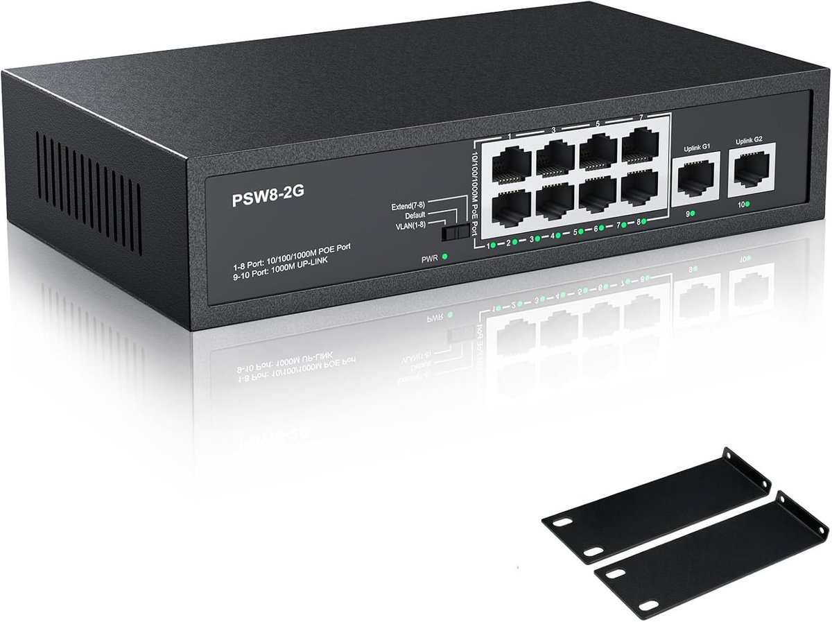 8-Poorts PoE Switch met 60W Budget en 2 Uplink Poorten - Plug and Play 10/100 Mbps