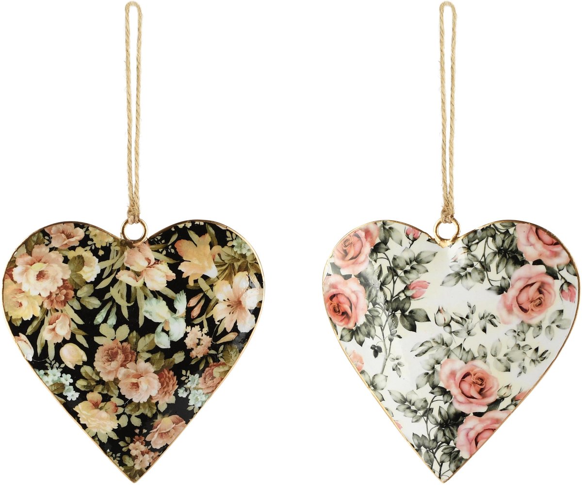 Dekoratief | Hanger hart m/bloemen, zwart/wit/roze, metaal, 10x1x10cm, set van 2 stuks | A268065