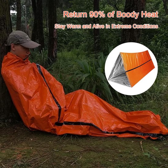 Noodslaapzak en Bivakzak Set - Survival Slaapzak Reddingsdeken - Outdoor Noodsituaties - Ultralicht Waterdicht - 210 x 160 cm - Oranje — afbeelding 2