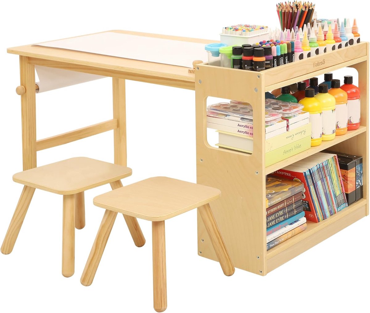 Houten Tekentafel en Knutseltafel voor Kinderen met 2 Stoelen